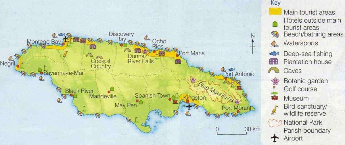 Ramani ya jamaica kuonyesha maeneo ya mapumziko