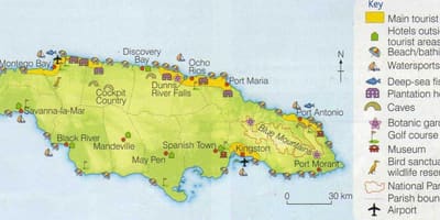 Ramani ya jamaica kuonyesha maeneo ya mapumziko